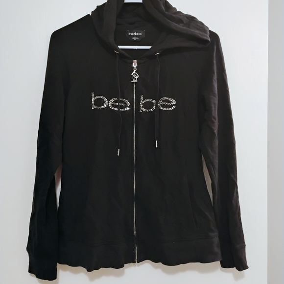 bebe | Tops | Bebe Black Zipup Hoodie With Rhinestone Logo | Poshmark